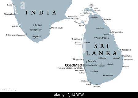 Sri Lanka und ein Teil Südindiens, graue politische Landkarte. Demokratische Sozialistische Republik Sri Lanka, ehemals Ceylon, Inselstaat in Südasien. Stockfoto