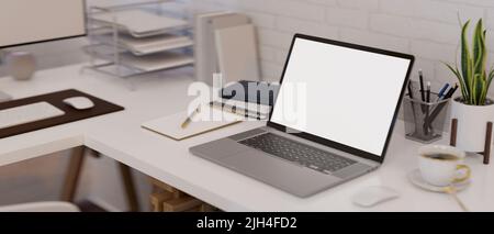 Moderner Büroarbeitsplatz mit Notebook-Laptop-Computer mit weißem Bildschirm und Büromaterial. 3D Rendering, 3D Illustration Stockfoto