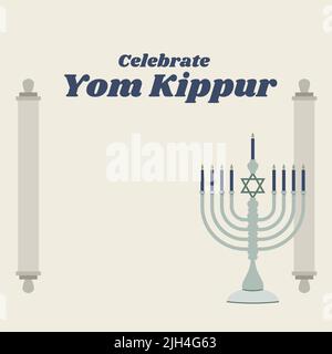 Bild von Celebrate yom kippur auf beigem Hintergrund mit Rollen und Menorah Stockfoto