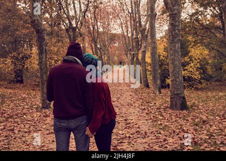 Junge weiße kaukasische Paar mit unkenntlichen Rücken, die die Hände auf einem Boden aus heruntergefallenen braunen Blättern und einem Pfad aus Bäumen in einem Park im Herbst halten Stockfoto