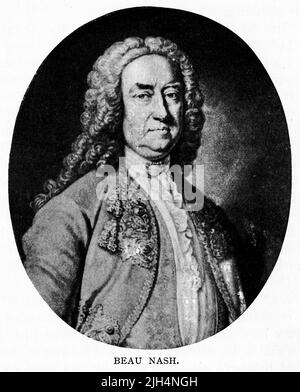 Eingraviertes Porträt von Beau Nash (1674 – 1762), geboren Richard Nash, gefeierter Dandy und Modeführer im Großbritannien des 18.. Jahrhunderts. Am besten erinnert man sich an ihn als den Zeremonienmeister in der Kurstadt Bath. Stockfoto