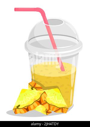 Ananas-Smoothie-Glas mit Stroh und Ananasscheibe. Erfrischende Fruchtgetränke im heißen Sommer. Cartoon-Vektor auf weißem Hintergrund isoliert Stock Vektor