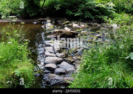 Fels- und Steindamm über einem kleinen Fluss in einem Landschaftspark Stockfoto