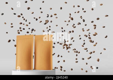 Papier Tasche Mockup fallenden Kaffeebohnen matt Podium weißen Hintergrund 3D Render. Merchandise Werbung Verpackung Design Blank Kraft Pack Beutel Stockfoto