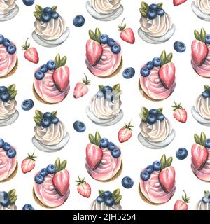 Cupcakes mit Rahm und Heidelbeeren und Erdbeeren. Aquarelldarstellung. Nahtloses Muster auf weißem Hintergrund aus der SWEETS-Serie. Für Stockfoto
