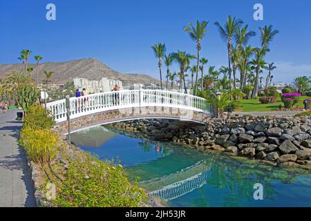 Brücke über einen künstlichen Kanal bei Playa de la Verga, Anfi del Mar, Arguineguin, Grand Canary, Kanarische Inseln, Spanien, Europa Stockfoto