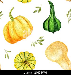 Aquarell Nahtloses Muster mit Kürbissen. Herbstdesign für Thanksgiving und Halloween. Design für Menüs, Abdeckungen und Verpackungen. Bio-Gemüse Stockfoto