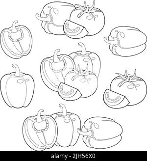 Handgezeichnetes dekoratives Gemüse, Design-Elemente, schwarz-weißes Gemüseset. Tomaten und Paprika. Stock Vektor