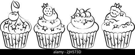 Icon Cupcake Umriss mit Beeren auf weißem Hintergrund. Cupcake in flacher Form. Vektorgrafik. Stock Vektor