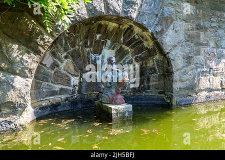 Japanische rote Karpfen im Teich in New Jersey Botanical Garden Skulptur im Hintergrund Stockfoto