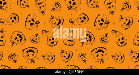 Niedliche handgezeichnete Halloween nahtlose Muster mit Kürbissen, ideal für Textilien, Oberflächen, Banner, Tapeten Stock Vektor
