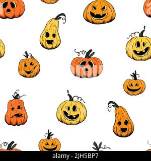 Niedliche handgezeichnete Halloween nahtlose Muster mit Kürbissen, ideal für Textilien, Oberflächen, Banner, Tapeten Stock Vektor