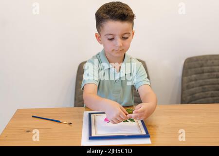 Kind mit Album, Blättern und Blumen, das Herbarium auf dem Esstisch in der Wohnung macht. Netter kleiner Junge, der gepresste Blumen auf einen Bilderrahmen arrangiert. Stockfoto