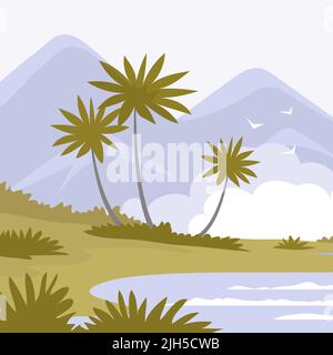 Landschaft mit tropischem Wald und Palmen. Berg, See und Ufer. Grüner Regenwald. Cartoon-Vektorgrafik. Hintergrund der Tierwelt Stock Vektor