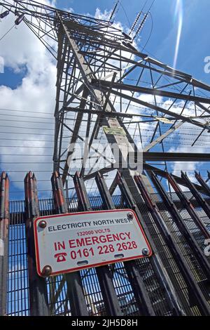 Pylon Electricity North West Distribution Umspannwerk, Altrincham, Greater Manchester, England, Großbritannien Stockfoto