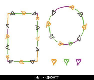 Rahmen umreißen gesetzt. Handgezeichnete dekorative Doodle Tinte Strichränder, Herzen, gekritzelte Linie, Kreis, Rechteck geometrischen Formen für Visitenkarten Stock Vektor