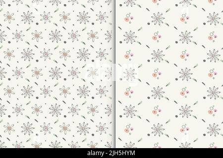 Florale Baby nahtlose Muster, Set mit 2. Handgezeichnete Doodle-Blumen, Blatt, Punkt, Linien. Diagonales geometrisches Raster. Zarte Pastellfarben Stock Vektor