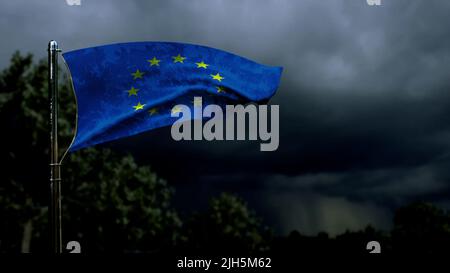 Flagge der Europäischen Union zur nationalen Feier auf dunklen Sturmwolken - abstrakte Abbildung 3D Stockfoto