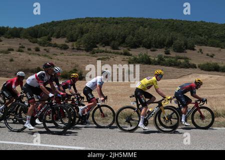 Frankreich. 15.. Juli 2022. 15.. Juli 2022; Cote de Brie, Frankreich: Tour de France - UCI Cycling Race - Etappe 13 Bourg d'Oisans - Saint-Etienne. Das Hauptfeld am Cote de Brie vorbei; Jonas Vingegaard (DEN) im Hauptfeld; Credit: Action Plus Sports Images/Alamy Live News Stockfoto