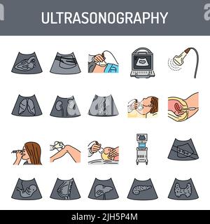 Symbole für Ultraschalllinien gesetzt. Isoliertes Vektorelement. Skizzieren Sie Piktogramme für Webseite, mobile App, Werbung. Bearbeitbare Kontur. Stock Vektor