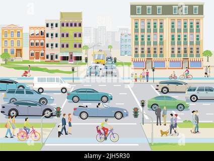 City Silhouette mit Straßenverkehr und Fußgängern auf dem Fußgängerübergang, Illustration Stock Vektor