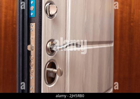 Moderne, zuverlässige Metalltür mit Holzeinrichtung und dreifacher Dichtung Stockfoto