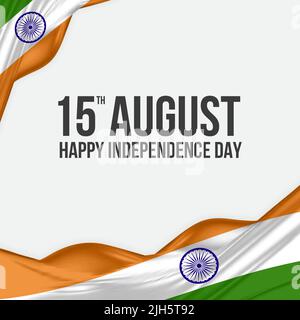 15.. August Happy Independence Day Indien Gruß Design. Winkende Indienflagge aus Satin- oder Seidenstoff. Vektorgrafik. Stock Vektor