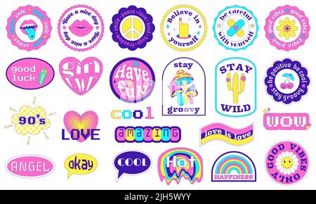 Cool Y2K Sticker Pack in geometrischen Formen. Motivierende, inspirierende Sätze und Wörter texten. Trendy Cute Girly Patches Sammlung Säure seltsame Surrea Stock Vektor