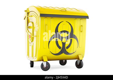 Müllcontainer mit Biohazard-Symbol, 3D, isoliert auf weißem Hintergrund Stockfoto