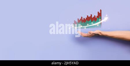 Männliches Hand-Holding-Diagramm icon.checking Analyse des Umsatzdaten-Wachstums-Diagramms und des Aktienmarktes bei der globalen Vernetzung. Geschäftsstrategie, Planung und d Stockfoto