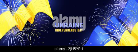 24. August Ukraine Unabhängigkeitstag. Horizontales Weihnachtsbanner, Poster oder Rahmen mit Gruß, Feuerwerk und blau gelber ukrainischer Flagge auf schwarzem Hintergrund Stock Vektor