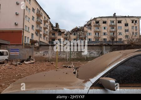 Die Folgen des Beschusses Russlands der Stadt Tscherniw, der Ukraine Stockfoto