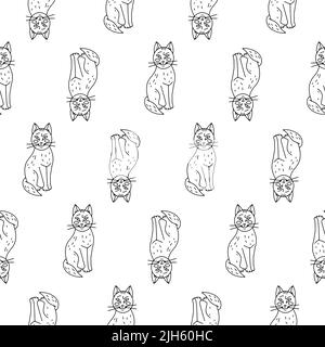 Halloween Nahtloses Muster mit niedlichen Cartoon-Katzen, Halbmonden und giftigen Pilzen auf weißem Hintergrund Stock Vektor