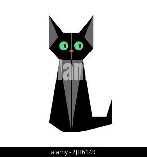 Schwarze Katze mit grünen Augen. Origami-Stil, weißer Hintergrund. Schwarze Katze sitzt. Aberglaube, Pech, Halloween-Konzept. Kätzchen mit großen Ohren starren Stock Vektor