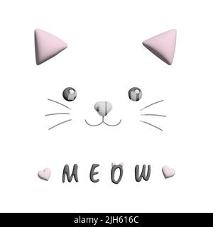 Meow Wort Text und Cartoon Katze Design in 3D Vektor für lustige Postkarten isoliert auf weißem Hintergrund. Kätzchen Symbol drucken Illustration mit kreativen el Stock Vektor