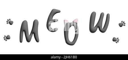 Meow Wort Text Design in 3D Vektor für lustige Postkarten isoliert auf weißem Hintergrund. Abbildung des Symbols „Katze Kätzchen“ Stock Vektor