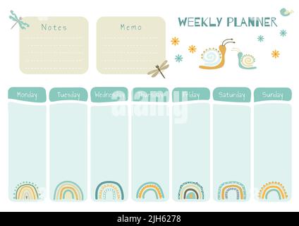 Druckbare Planner-Vorlage in Vektor mit Cartoon-Regenbogen-Zeichnungen für Kinder. Täglicher Schedul-Wochenkalender mit Ilustration Stock Vektor