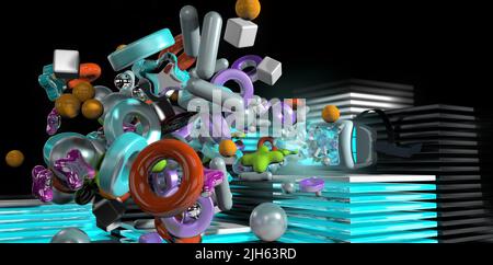 Gruppe geometrischer Formen, die aus der Virtual-Reality-Brille auf eine Würfelfläche mit blauem Licht vor schwarzem Hintergrund ausgeworfen werden. 3D Abbildung Stockfoto