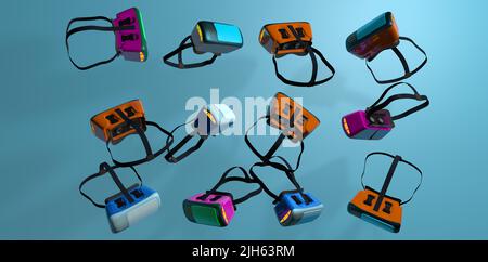 Gruppe magentafarbener, blauer und orangefarbener Virtual-Reality-Brillen in verschiedenen Positionen, die vor blauem Hintergrund schweben. 3D Abbildung Stockfoto