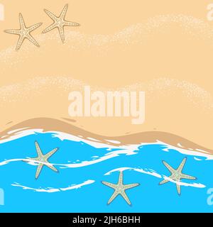 Abbildung mit Meer, Wellen, Strand und Seesternen. Meeresvektorhintergrund. Stock Vektor