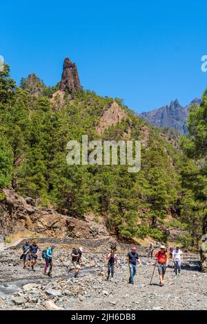 Wanderer vor der markanten Felsennadel Roque Idafe, Barranco de las Angustias, Nationalpark Caldera de Taburiente, Insel Palma, Kanarische Inseln Stockfoto