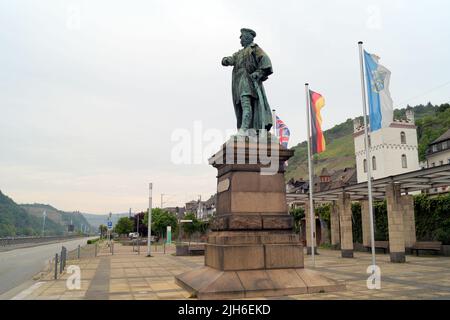 Statue des preußischen Feldmarschalls Gebhard Leberecht von Bluecher, Held der Napoleonischen Kriege im 19.. Jahrhundert, Kaub, Rheinland, Deutschland Stockfoto