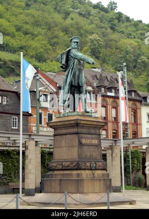 Statue des preußischen Feldmarschalls Gebhard Leberecht von Bluecher, Held der Napoleonischen Kriege im 19.. Jahrhundert, Kaub, Rheinland, Deutschland Stockfoto