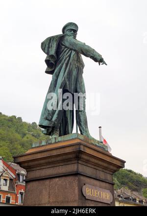 Statue des preußischen Feldmarschalls Gebhard Leberecht von Bluecher, Held der Napoleonischen Kriege im 19.. Jahrhundert, Kaub, Rheinland, Deutschland Stockfoto