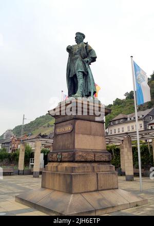 Statue des preußischen Feldmarschalls Gebhard Leberecht von Bluecher, Held der Napoleonischen Kriege im 19.. Jahrhundert, Kaub, Rheinland, Deutschland Stockfoto