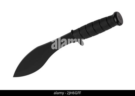 Ein großes Machete-Messer mit einer schwarzen gebogenen Klinge. Moderne kantige Waffen. Isolieren auf weißem Hintergrund. Stockfoto