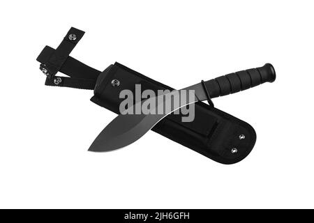 Ein großes Machete-Messer mit einer schwarzen gebogenen Klinge. Moderne kantige Waffen. Isolieren auf weißem Hintergrund. Stockfoto