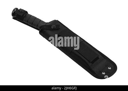 Ein großes Machete-Messer mit einer schwarzen gebogenen Klinge. Moderne kantige Waffen. Isolieren auf weißem Hintergrund. Stockfoto