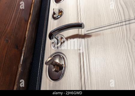 Moderne, zuverlässige Metalltür mit Holzeinrichtung und dreifacher Dichtung Stockfoto