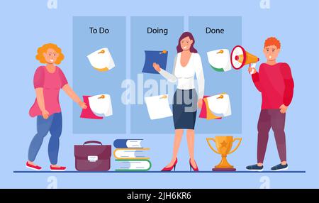 Kanban Board mit Sticker Concept Vector. Erläuterung der Illustration eines täglichen Stand-up-Meetings von Scrum. Scrum Master mit Entwicklungsteam. Stock Vektor